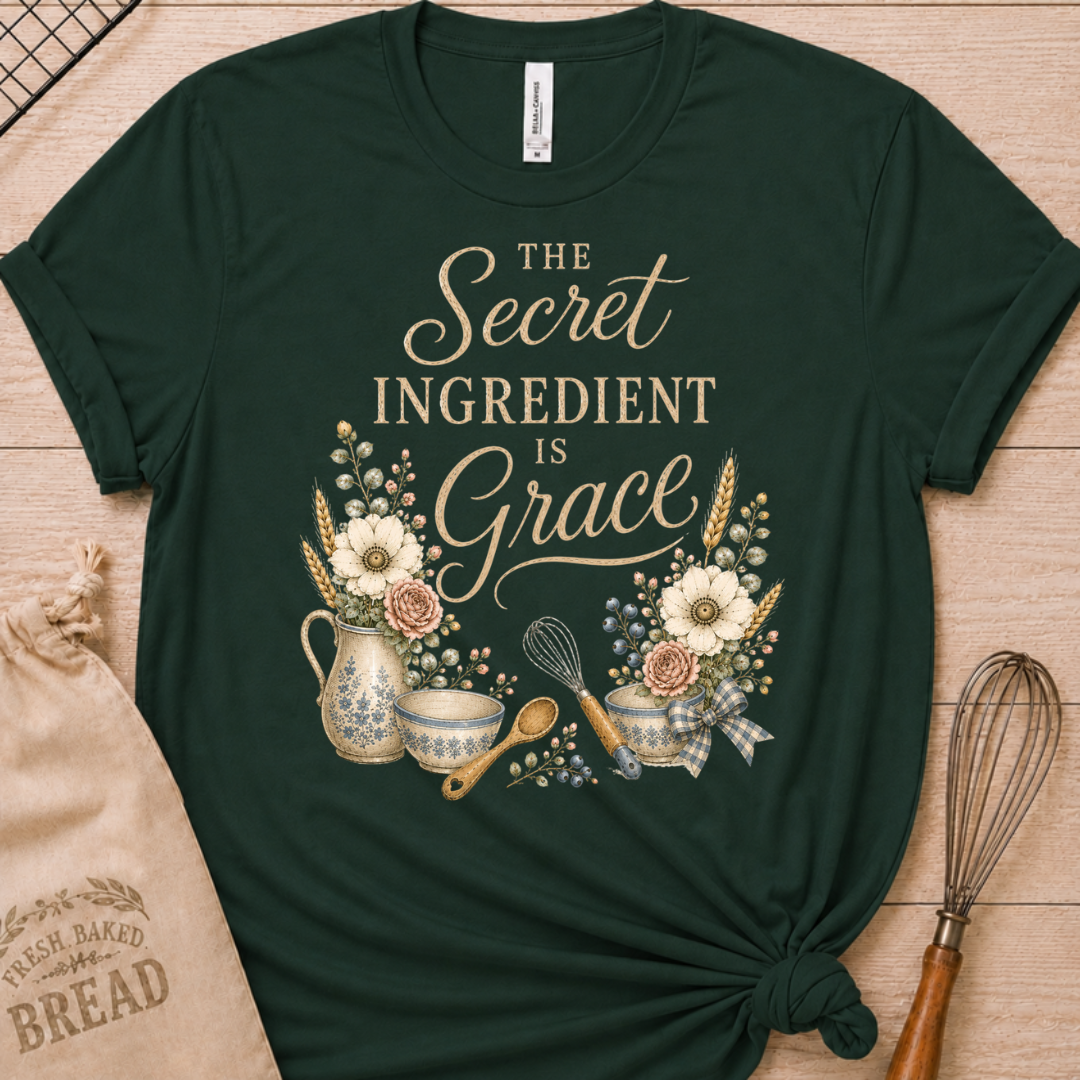 Forest green women's relaxed fit t-shirt reading The Secret Ingredient is Grace, framed by a floral pitcher, mixing bowls, a whisk, and a wooden spoon.