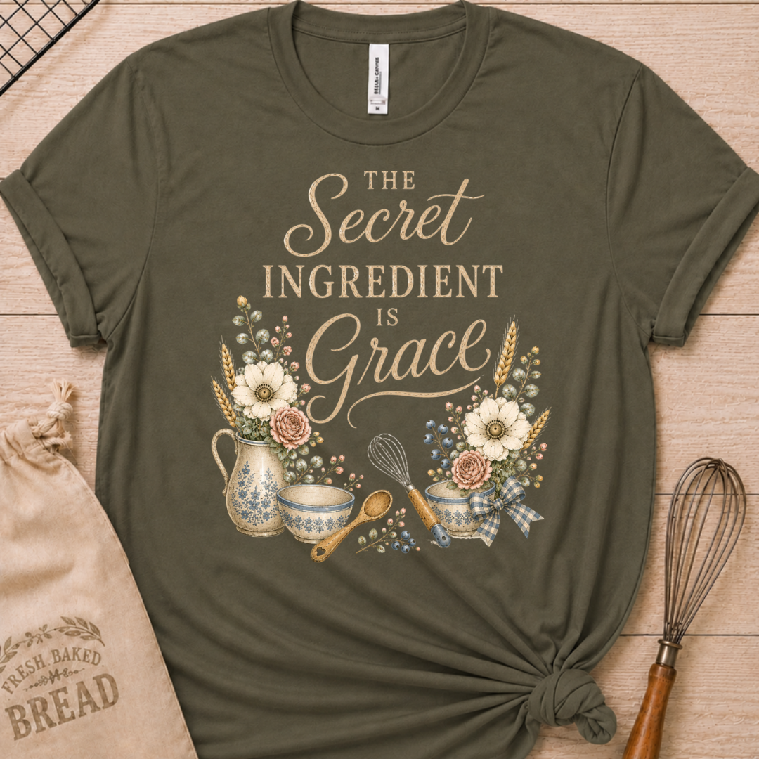 Military green women's relaxed fit t-shirt reading The Secret Ingredient is Grace, framed by a floral pitcher, mixing bowls, a whisk, and a wooden spoon.