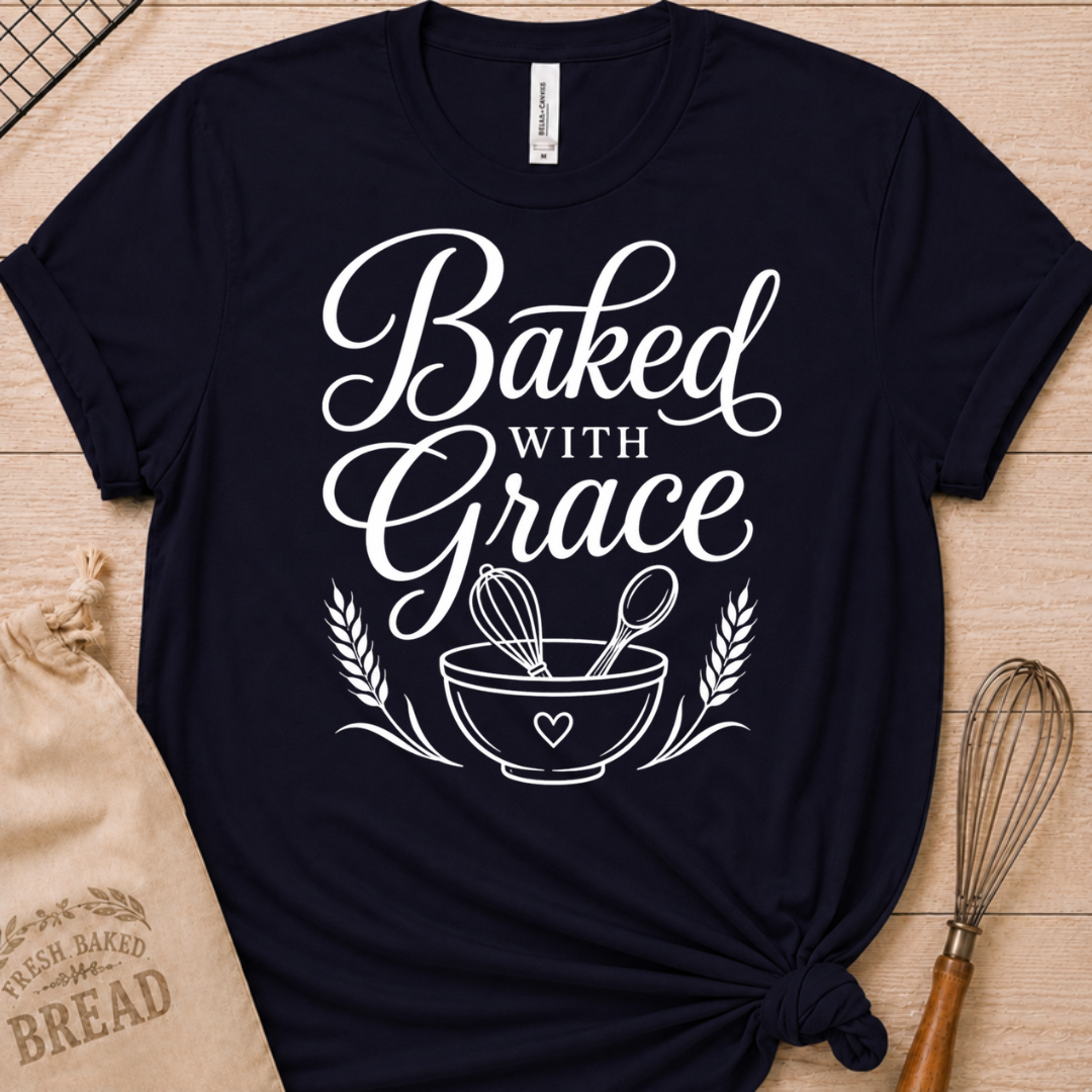Navy women's relaxed fit t-shirt with Baked with Grace in white script above a mixing bowl with a whisk and wooden spoon.