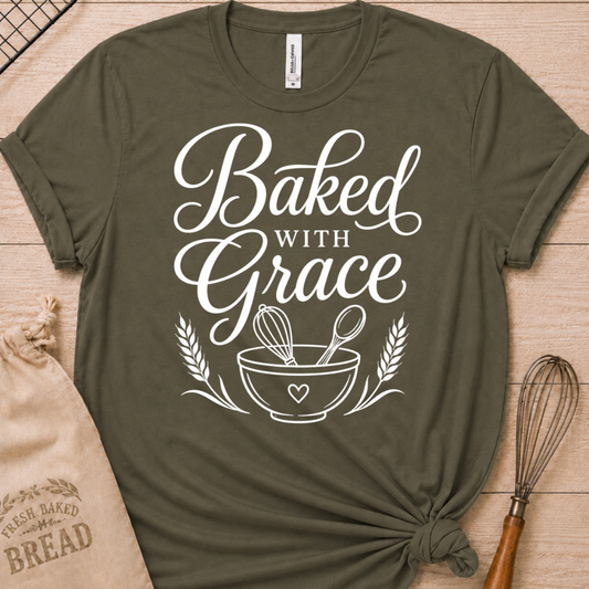 Military green women's relaxed fit t-shirt with Baked with Grace in white script above a mixing bowl with a whisk and wooden spoon.