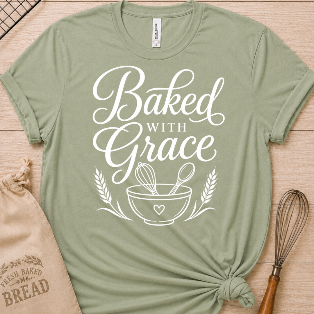 Sage green women's relaxed fit t-shirt with Baked with Grace in white script above a mixing bowl with a whisk and wooden spoon.