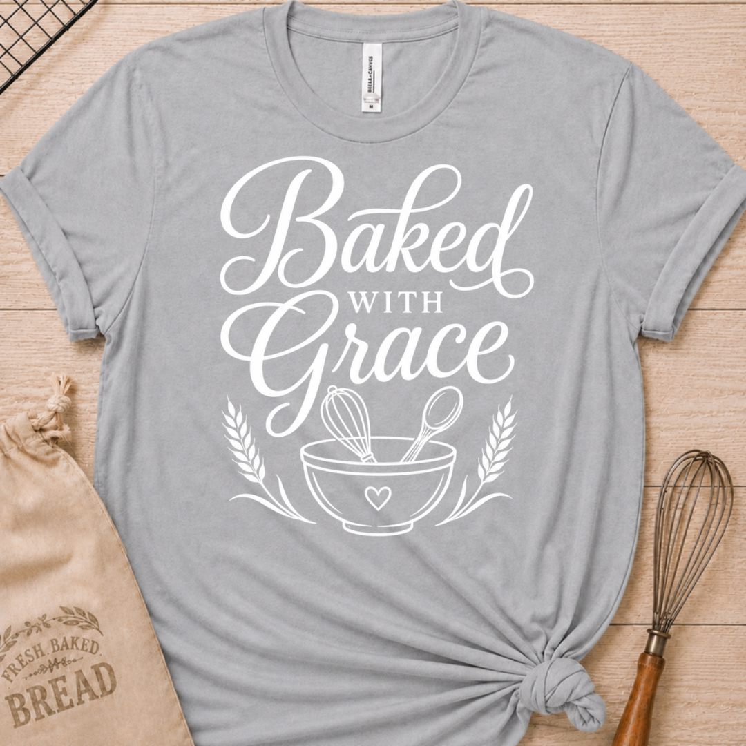 Athletic heather women's relaxed fit t-shirt with Baked with Grace in white script above a mixing bowl with a whisk and wooden spoon.