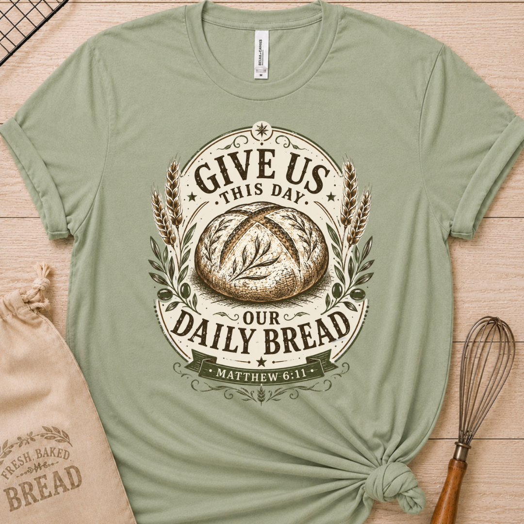 Sage green women's relaxed fit t-shirt with the Daily Bread emblem printed in cream, a clean badge-style bread illustration inspired by Matthew 6:11.