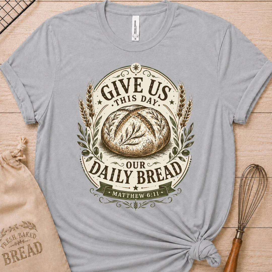 Athletic heather women's relaxed fit t-shirt with the Daily Bread emblem printed in cream, a clean badge-style bread illustration inspired by Matthew 6:11.