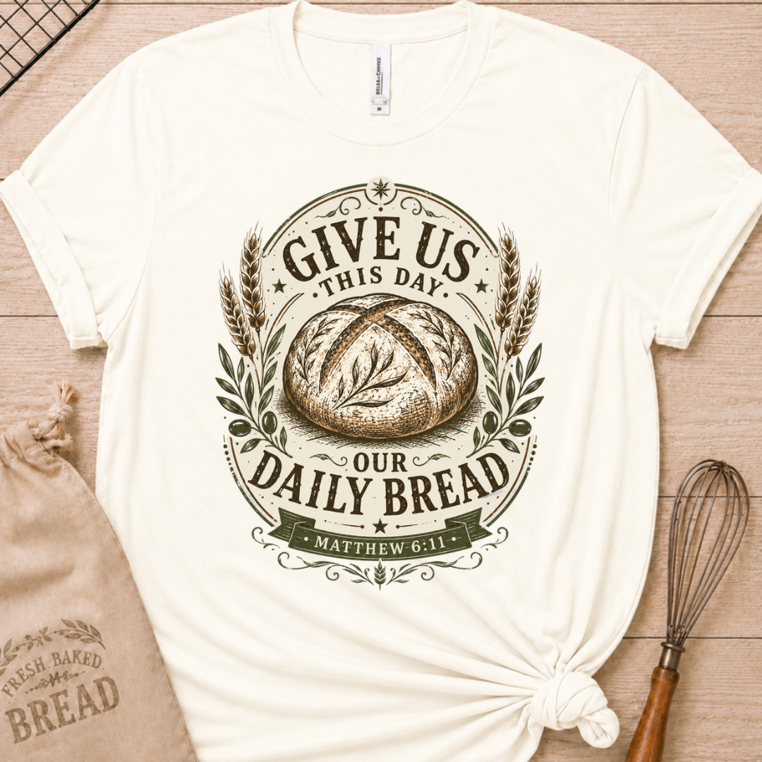 Vintage white women's relaxed fit t-shirt with the Daily Bread emblem printed in cream, a clean badge-style bread illustration inspired by Matthew 6:11.