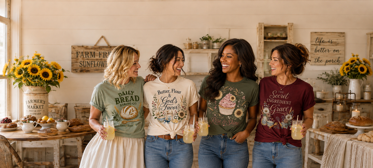 Four women standing together in a rustic farmhouse kitchen, wearing graphic t-shirts with sunflower and floral designs. The shirts feature text like 'DAILY BREAD', 'Butter Flour God's Favorites', and 'Secret Ingredient is Grace'.
