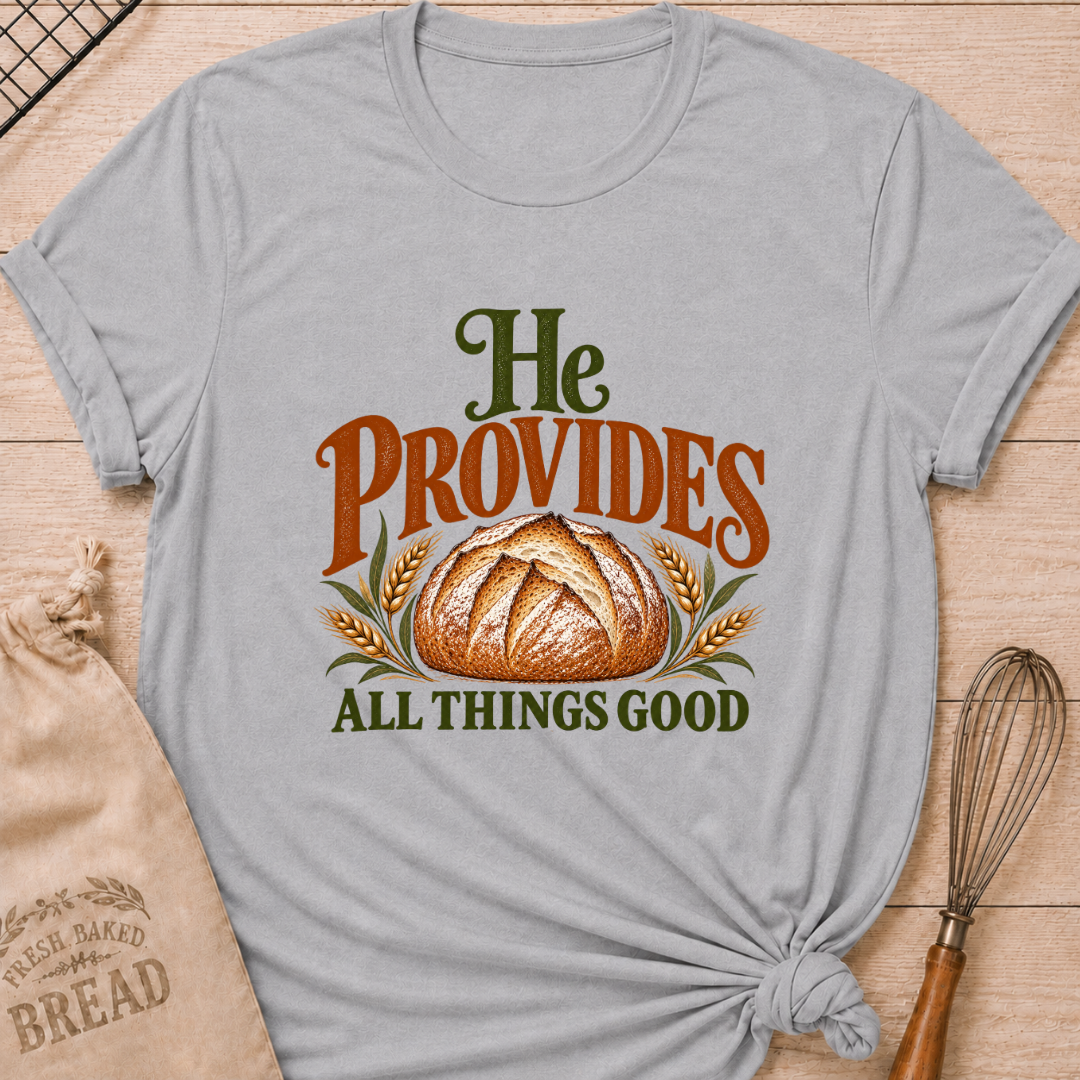 Athletic Heather women's relaxed fit tee with a rustic artisan loaf framed by golden wheat and earthy vintage He Provides All Things Good lettering