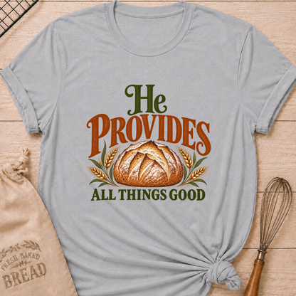 Athletic Heather women's relaxed fit tee with a rustic artisan loaf framed by golden wheat and earthy vintage He Provides All Things Good lettering