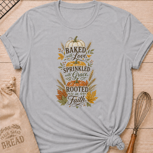 Athletic Heather women's relaxed fit tee with graceful vintage Baked With Love, Sprinkled With Grace, Rooted in Faith lettering layered with pumpkins, golden wheat and colorful fall leaves