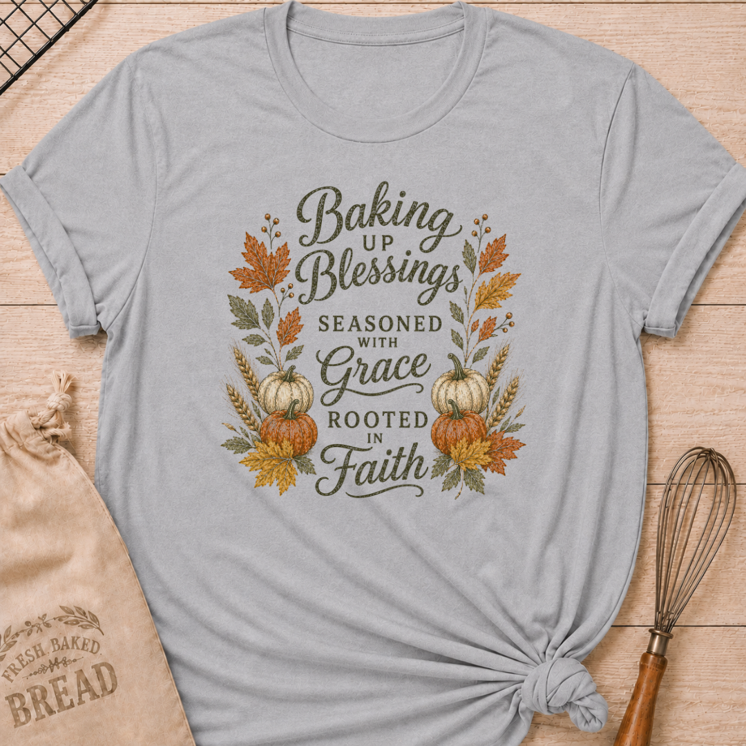 Athletic Heather women's relaxed fit tee with elegant vintage Baking Up Blessings, Seasoned With Grace, Rooted in Faith lettering framed by ivory and orange pumpkins, golden wheat and richly colored fall leaves