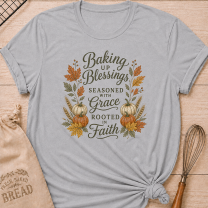 Athletic Heather women's relaxed fit tee with elegant vintage Baking Up Blessings, Seasoned With Grace, Rooted in Faith lettering framed by ivory and orange pumpkins, golden wheat and richly colored fall leaves
