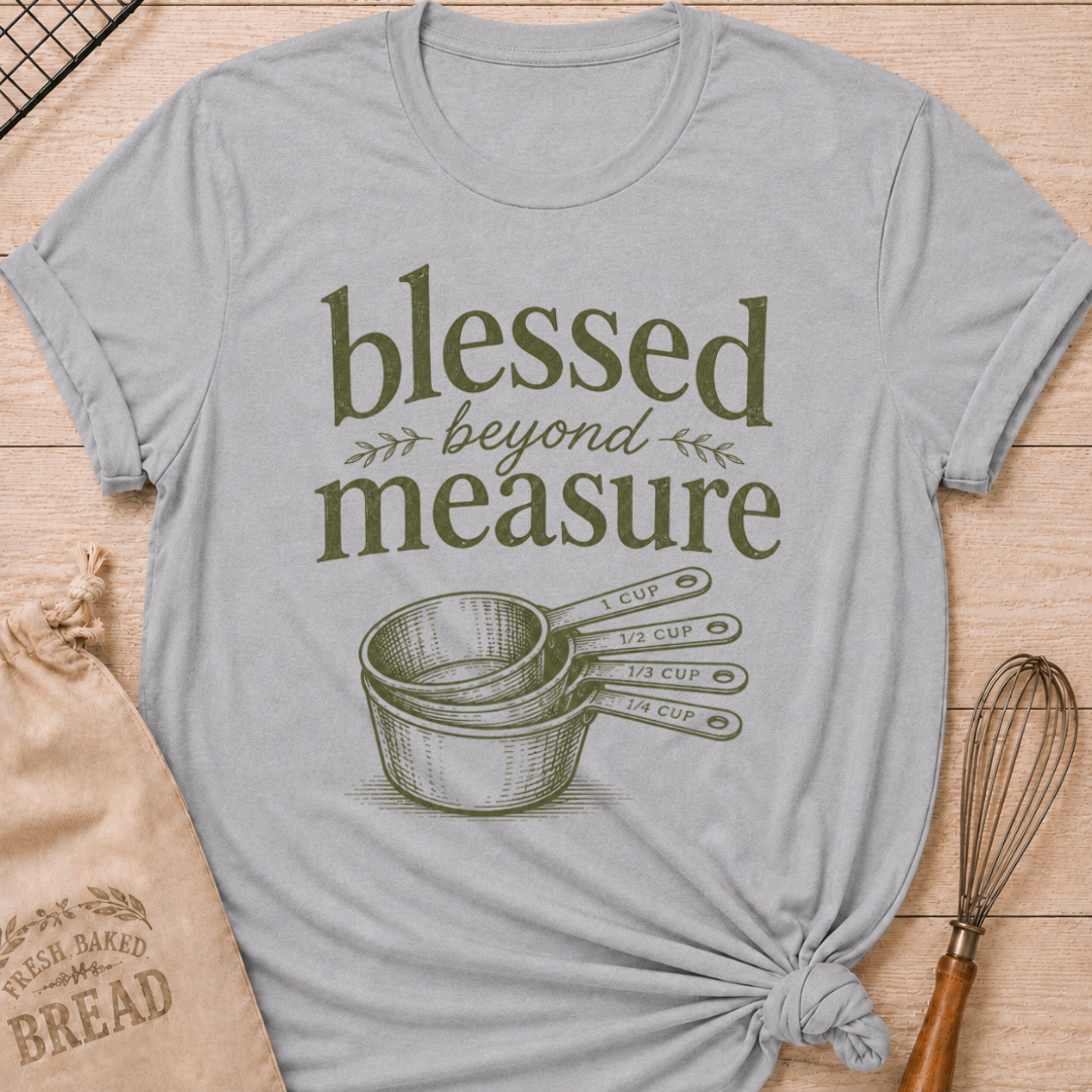 Athletic heather women's relaxed fit t-shirt with the words Blessed Beyond Measure in vintage lettering and a stack of measuring cups.