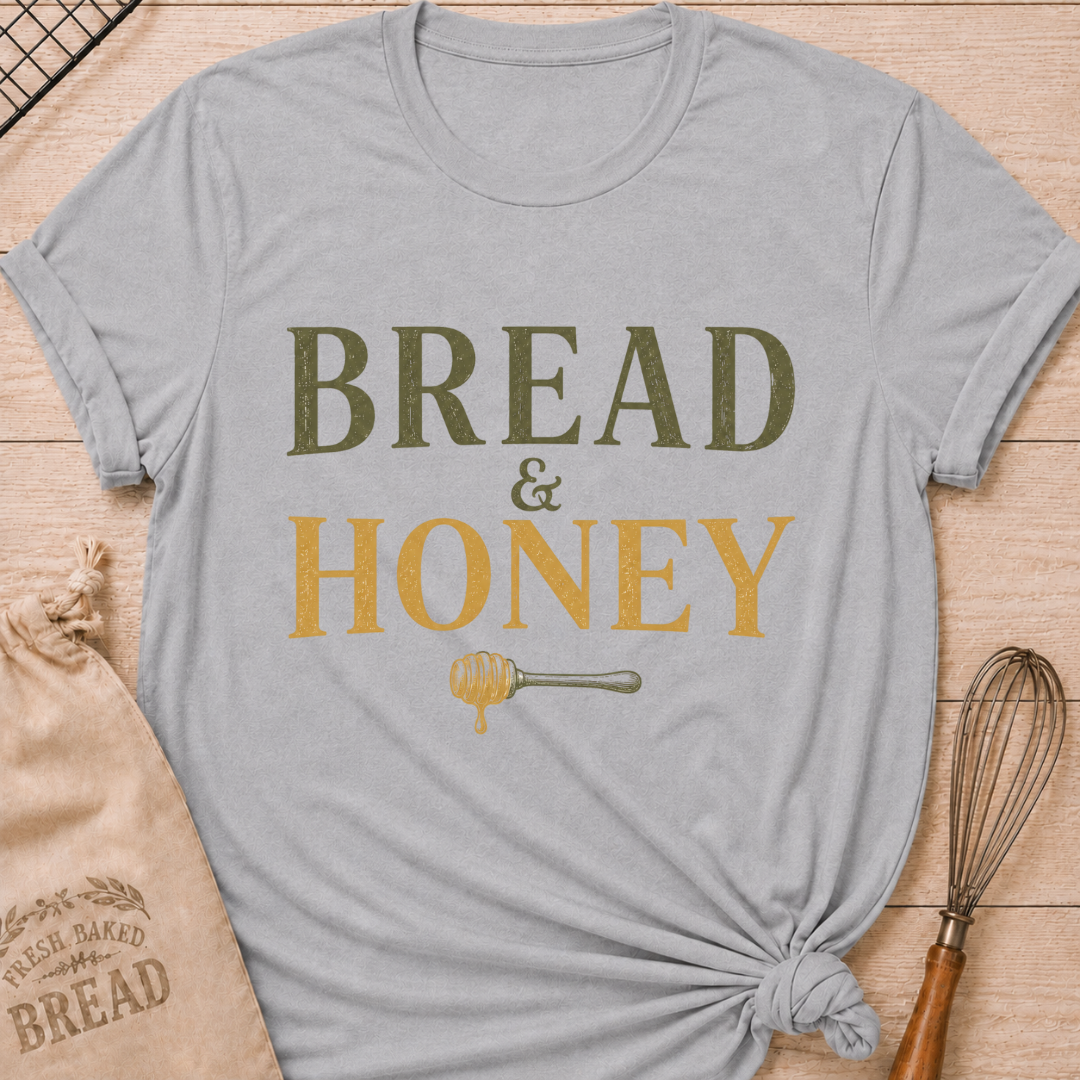 Athletic Heather Bread and Honey women's relaxed fit tee with vintage lettering and a dripping honey dipper
