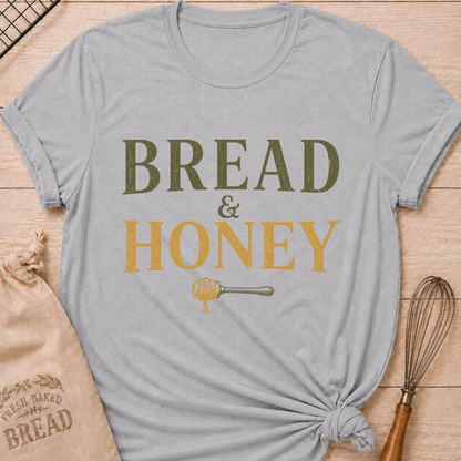 Athletic Heather Bread and Honey women's relaxed fit tee with vintage lettering and a dripping honey dipper