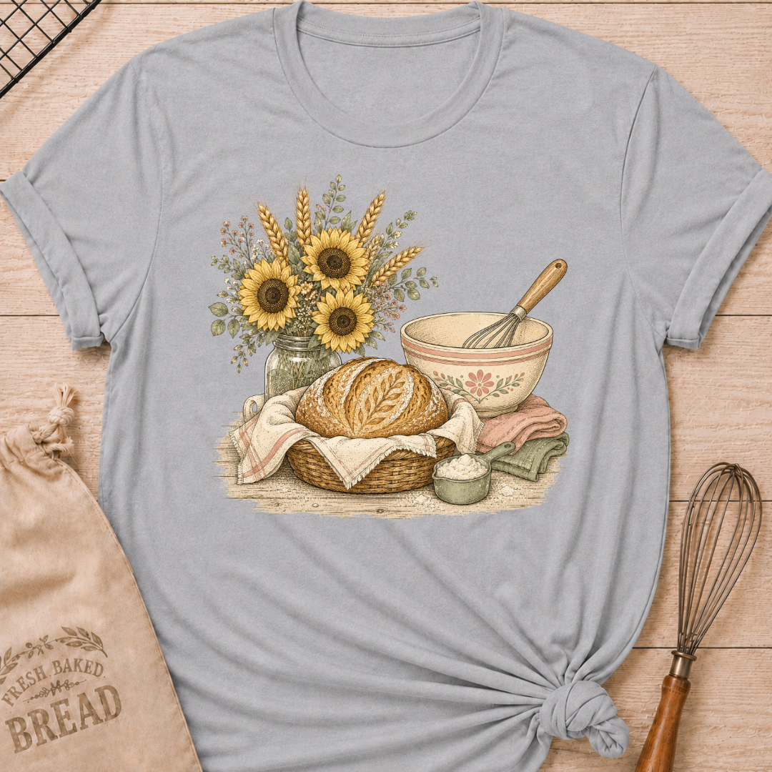 Athletic Heather Bread and Sunflower Bouquet women's relaxed fit tee with a rustic artisan loaf, a vintage mixing bowl, and a bouquet of sunflowers and wheat