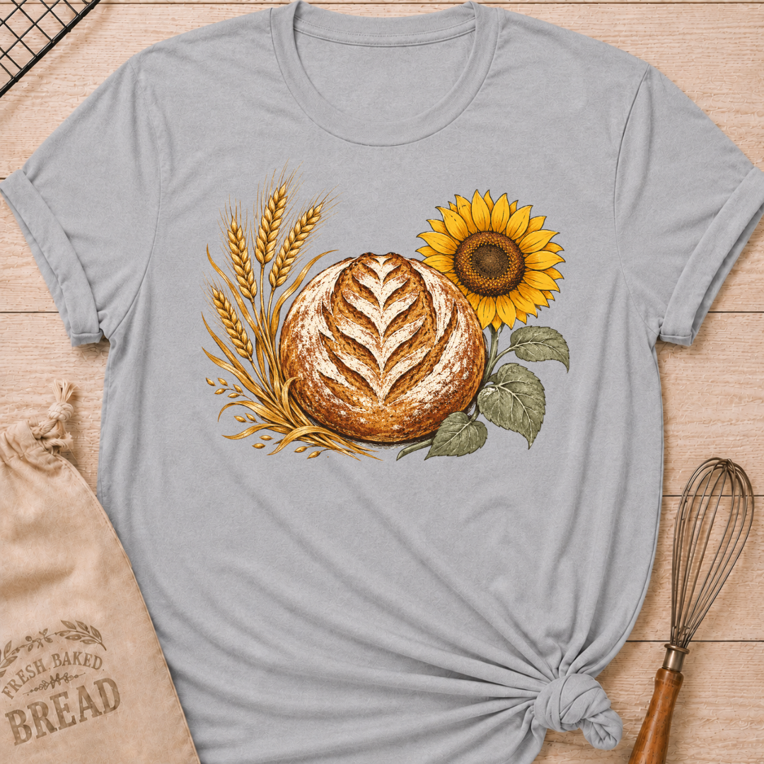 Athletic Heather Bread, Wheat and Sunflower women's relaxed fit tee with a hand-scored artisan loaf, golden wheat, and a sunflower
