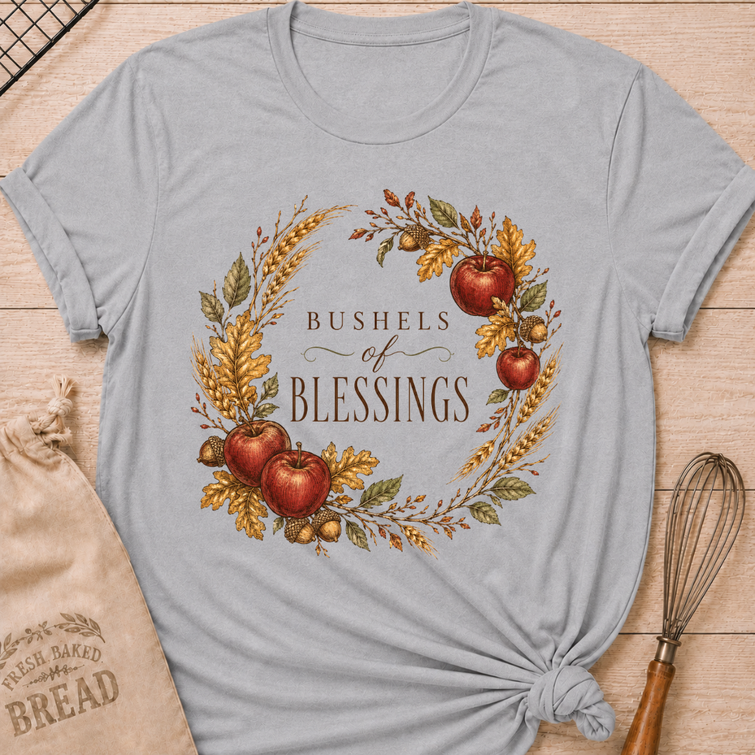 Athletic Heather women's relaxed fit tee with a vintage wreath of apples, wheat, acorns and fall leaves