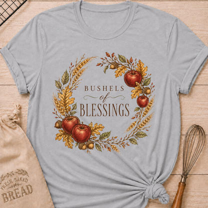 Athletic Heather women's relaxed fit tee with a vintage wreath of apples, wheat, acorns and fall leaves