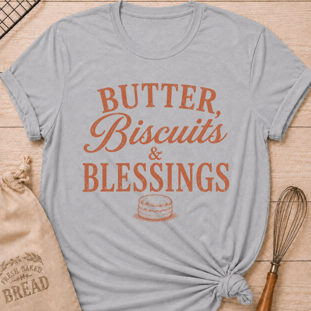 Athletic Heather Butter, Biscuits and Blessings women's relaxed fit tee with vintage typography and a classic biscuit illustration