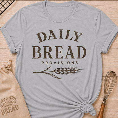 Athletic Heather Daily Bread Provisions women's relaxed fit tee with bold vintage lettering and a classic wheat stalk