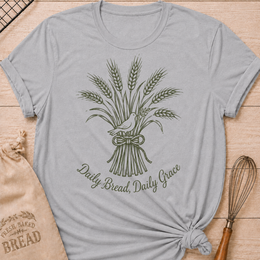 Athletic heather women's relaxed fit t-shirt with a tied bundle of wheat and a dove and the words Daily Bread, Daily Grace.