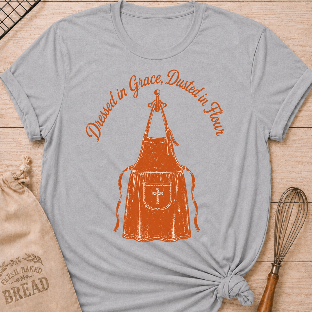 Athletic heather women's relaxed fit t-shirt with the words Dressed in Grace, Dusted in Flour on a vintage apron with a stitched cross pocket.