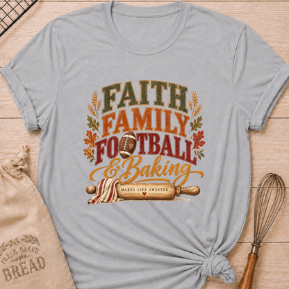 Athletic Heather women's relaxed fit tee with vintage collegiate Faith Family Football and Baking lettering above a football and a rolling pin reading Makes Life Sweeter, framed by wheat and autumn leaves
