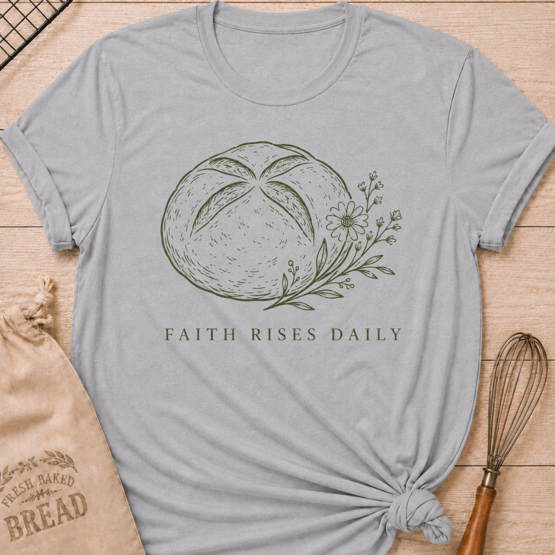 Athletic heather women's relaxed fit t-shirt with the words Faith Rises Daily above a scored loaf of bread and delicate wildflowers.