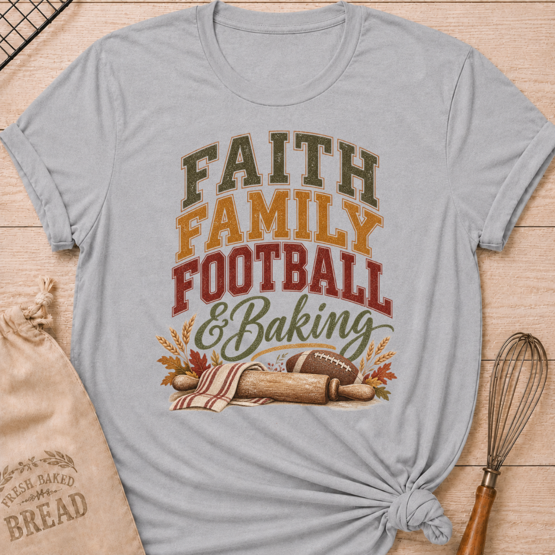 Athletic Heather women's relaxed fit tee with vintage collegiate Faith Family Football and Baking lettering above a rolling pin, football, wheat and autumn leaves in warm harvest tones