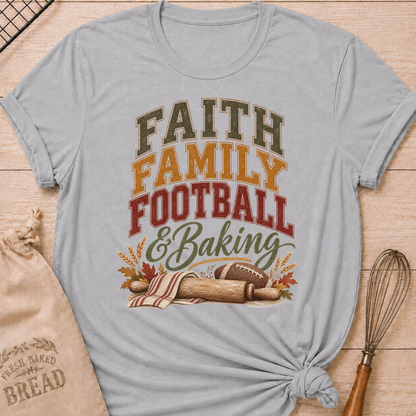 Athletic Heather women's relaxed fit tee with vintage collegiate Faith Family Football and Baking lettering above a rolling pin, football, wheat and autumn leaves in warm harvest tones