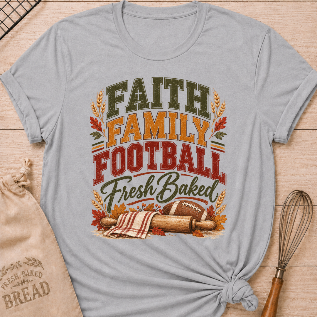 Athletic Heather women's relaxed fit tee with vintage collegiate Faith Family Football Fresh Baked lettering above wheat, autumn leaves, a rolling pin and a classic football