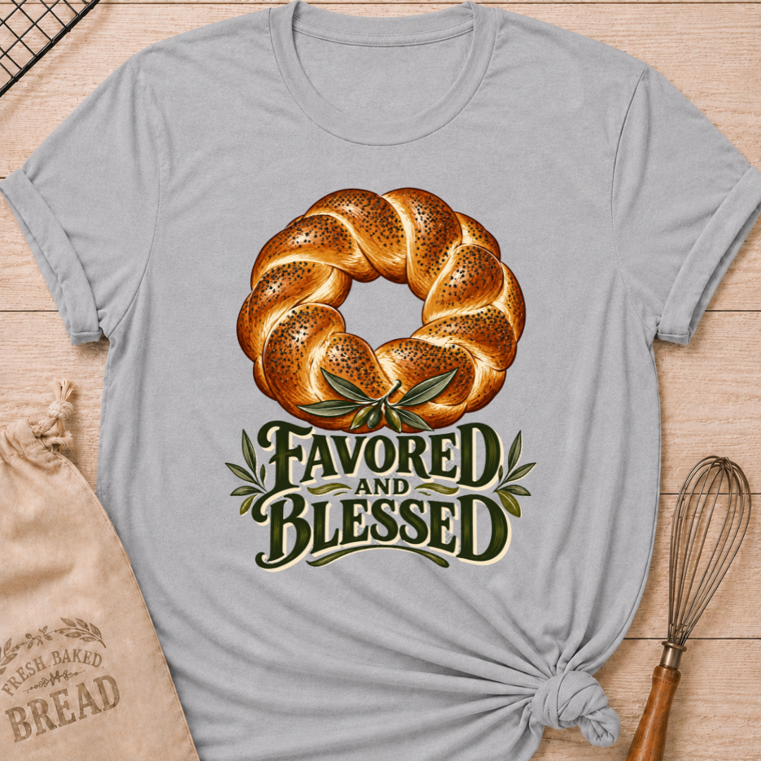 Athletic Heather women's relaxed fit tee with a braided loaf accented with olive branches and bold vintage Favored and Blessed lettering in deep earthy tones