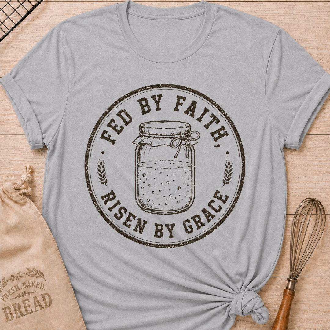 Athletic heather women's relaxed fit t-shirt with a vintage sourdough starter jar, wheat and the words Fed by Faith, Risen by Grace.