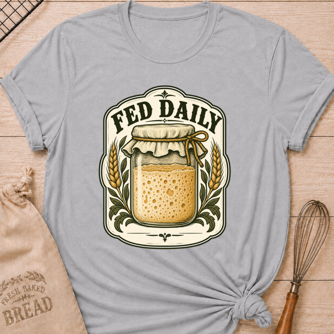Athletic Heather women's relaxed fit tee with a bubbly sourdough starter jar framed by golden wheat and leafy accents in a vintage bakery label, with Fed Daily lettering