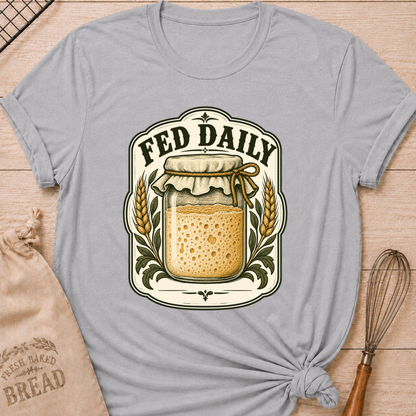Athletic Heather women's relaxed fit tee with a bubbly sourdough starter jar framed by golden wheat and leafy accents in a vintage bakery label, with Fed Daily lettering
