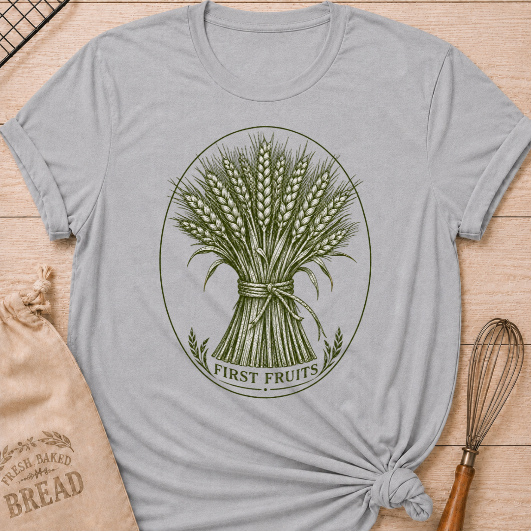 Athletic Heather women's relaxed fit tee with a detailed bundle of wheat tied by hand and framed in a classic vintage oval, with First Fruits lettering