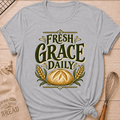Athletic Heather women's relaxed fit tee with bold vintage Fresh Grace Daily lettering above a golden artisan loaf framed by wheat and leafy accents