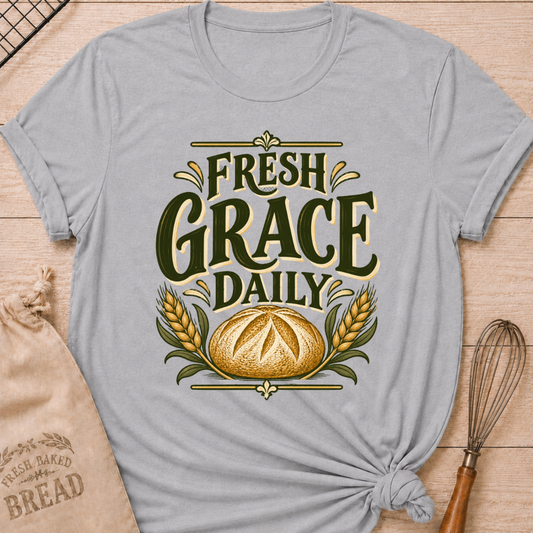 Athletic Heather women's relaxed fit tee with bold vintage Fresh Grace Daily lettering above a golden artisan loaf framed by wheat and leafy accents