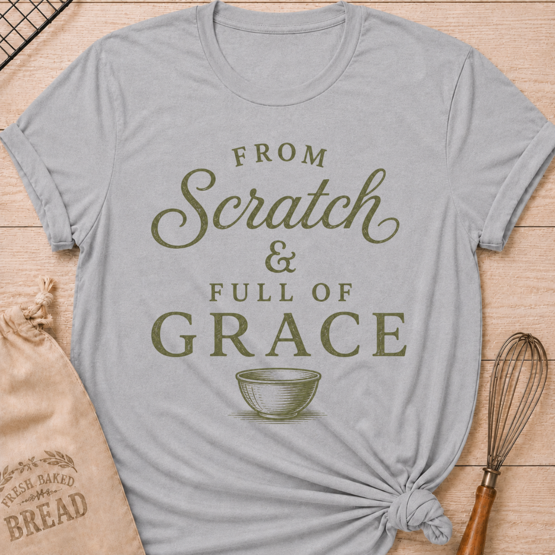 Athletic Heather From Scratch and Full of Grace women's relaxed fit tee with vintage sage lettering and a classic mixing bowl