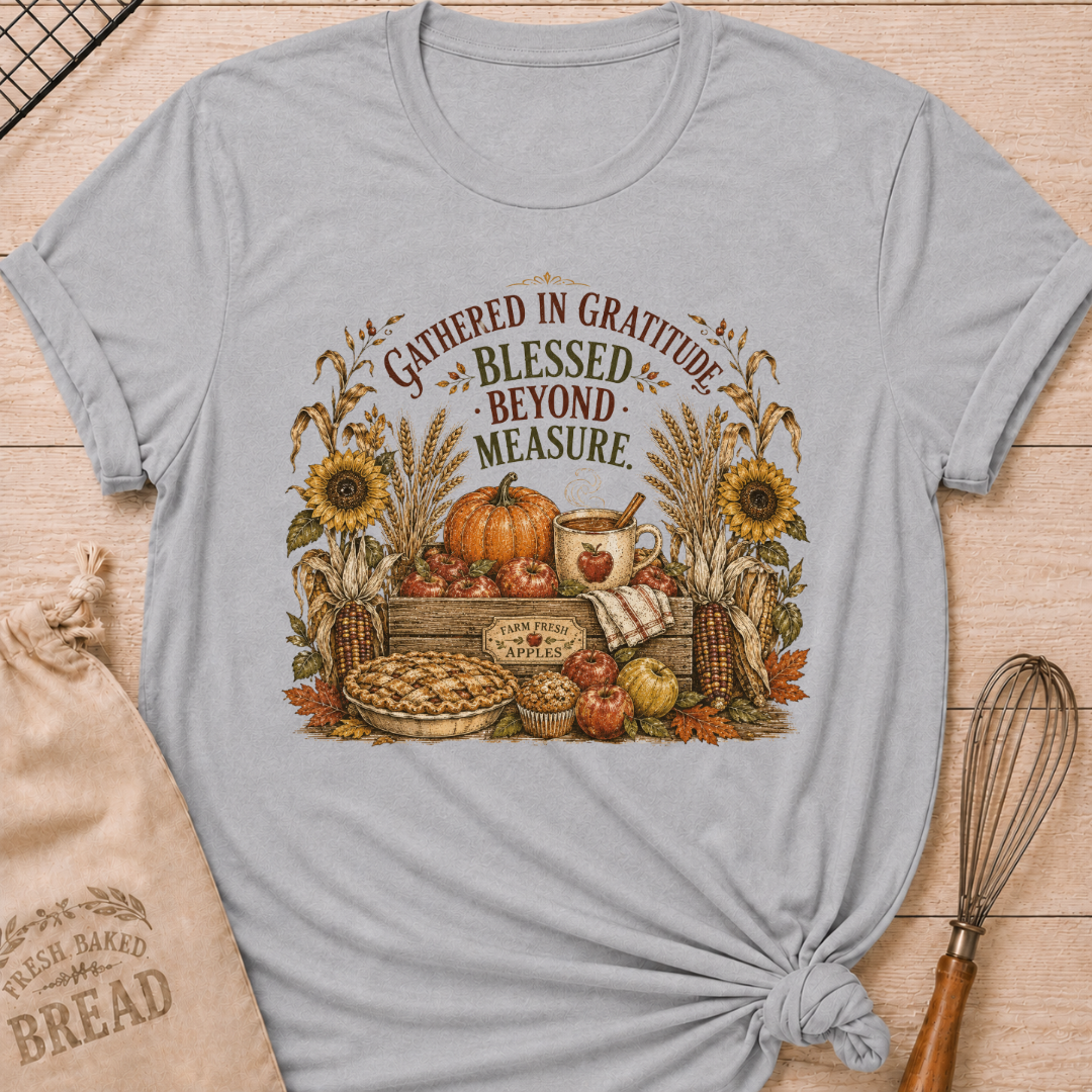Athletic Heather women's relaxed fit tee with a vintage harvest scene of apples, pumpkins, wheat, corn, sunflowers and fresh-baked pie