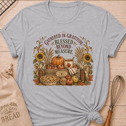 Athletic Heather women's relaxed fit tee with a vintage harvest scene of apples, pumpkins, wheat, corn, sunflowers and fresh-baked pie