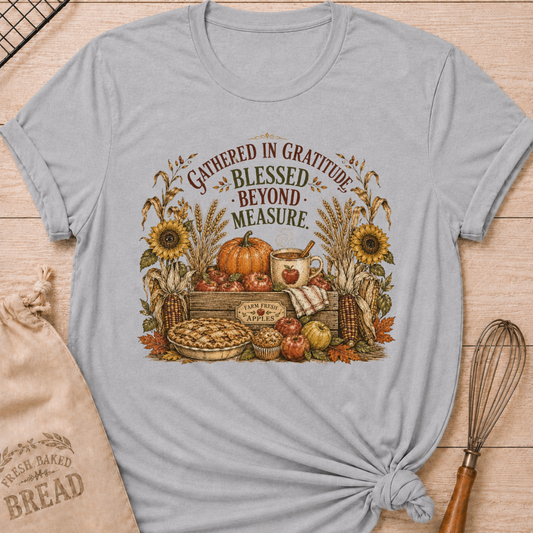 Athletic Heather women's relaxed fit tee with a vintage harvest scene of apples, pumpkins, wheat, corn, sunflowers and fresh-baked pie