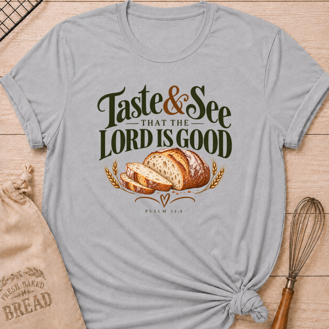 Athletic Heather women's relaxed fit tee with bold vintage Taste and See That the Lord Is Good lettering above a sliced artisan loaf, golden wheat, and Psalm 34:8