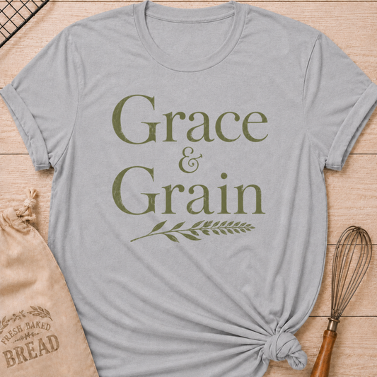 Athletic heather women's relaxed fit t-shirt with the words Grace and Grain in vintage lettering and a delicate wheat sprig.