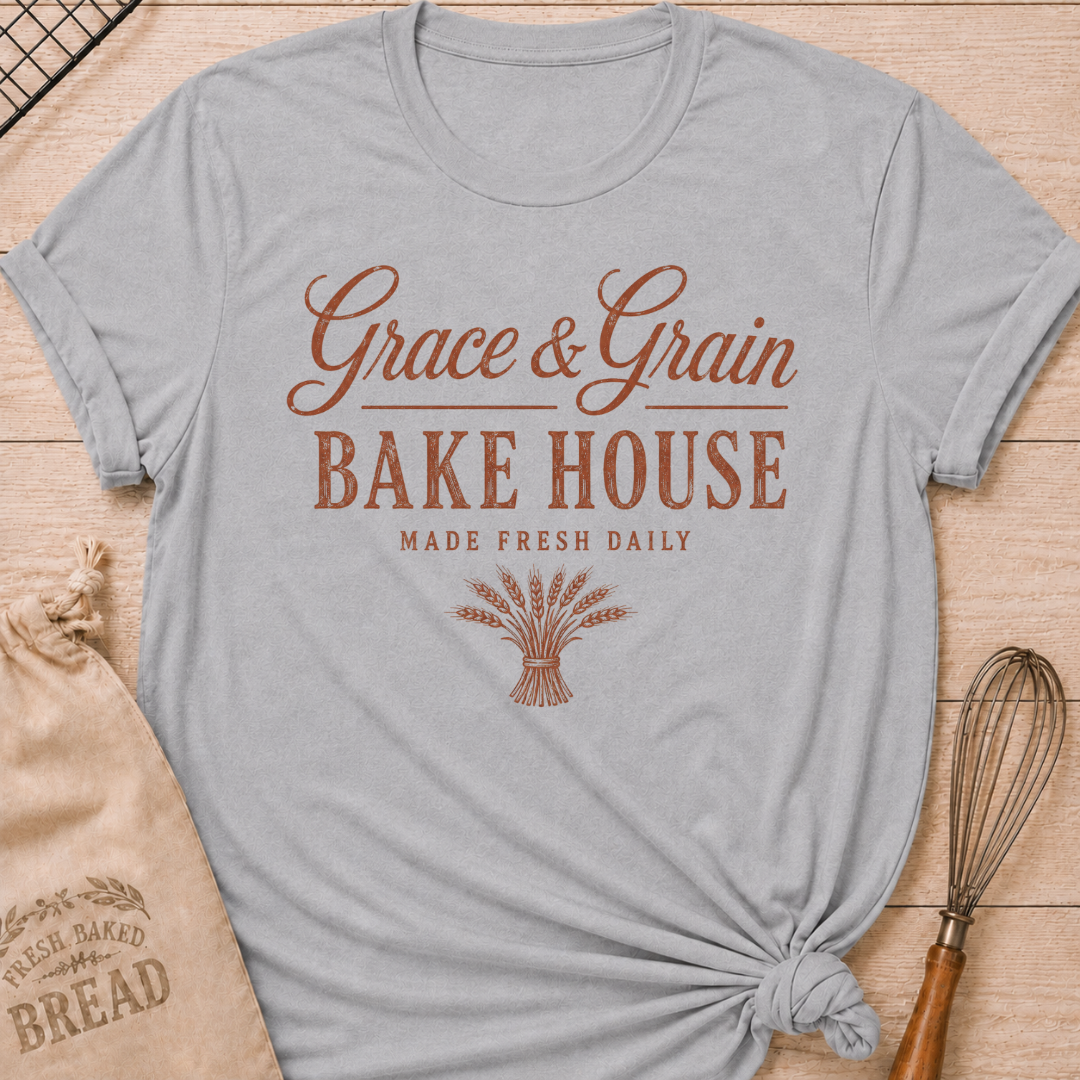 Athletic Heather Grace and Grain Bake House women's relaxed fit tee with vintage lettering and a bundle of wheat