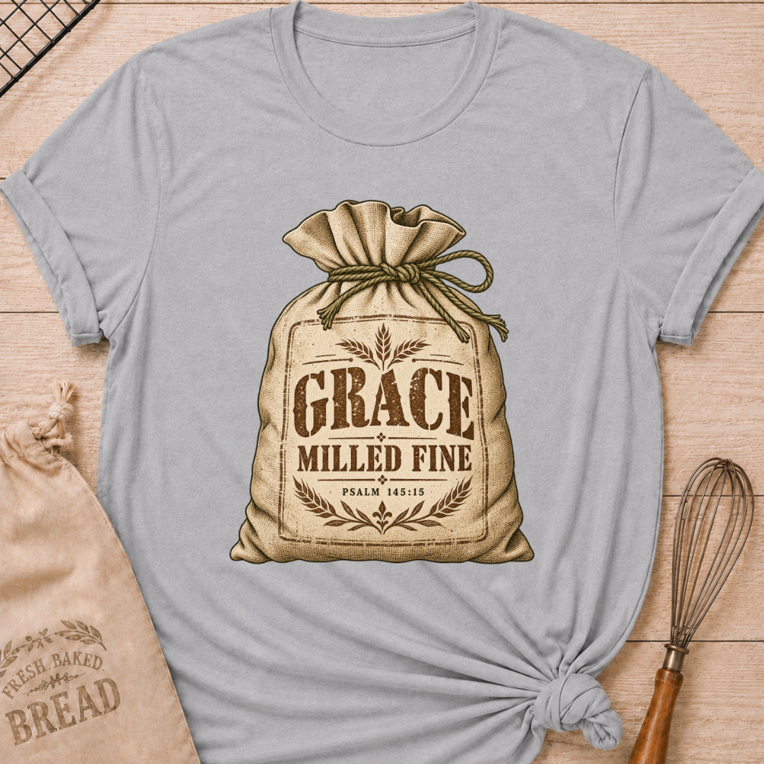 Athletic Heather women's relaxed fit tee with a vintage flour sack tied with rope, detailed with wheat motifs, Grace Milled Fine lettering and Psalm 145:15