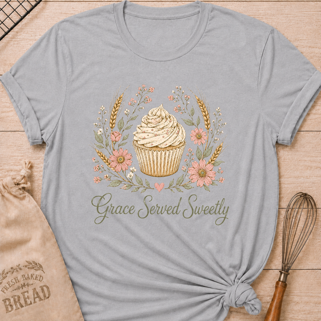 Athletic heather women's relaxed fit t-shirt with a frosted cupcake framed by soft pink flowers, wheat and greenery.