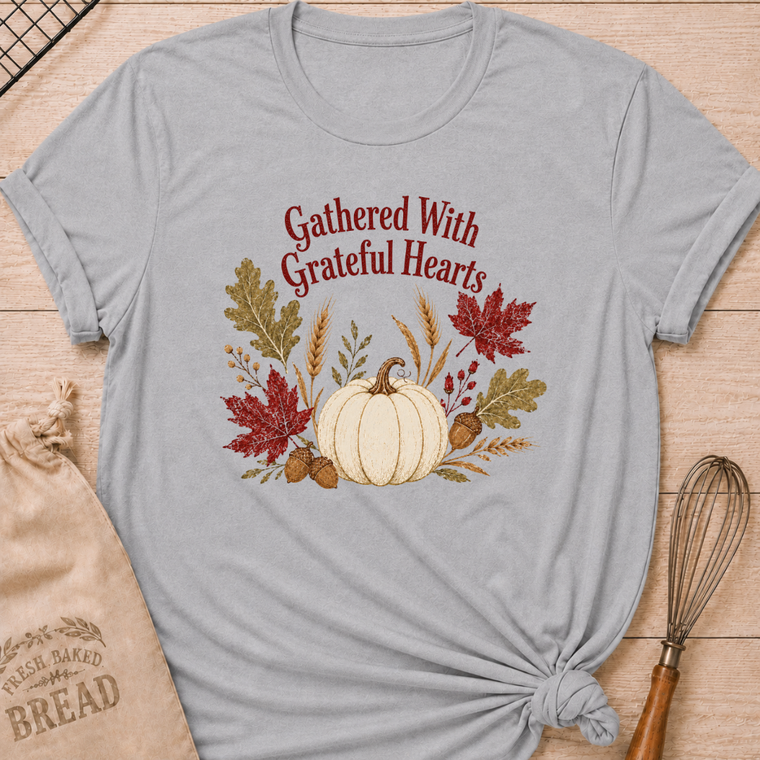 Athletic Heather women's relaxed fit tee with Gathered With Grateful Hearts lettering above a soft ivory pumpkin surrounded by wheat, acorns, berries and richly colored autumn leaves