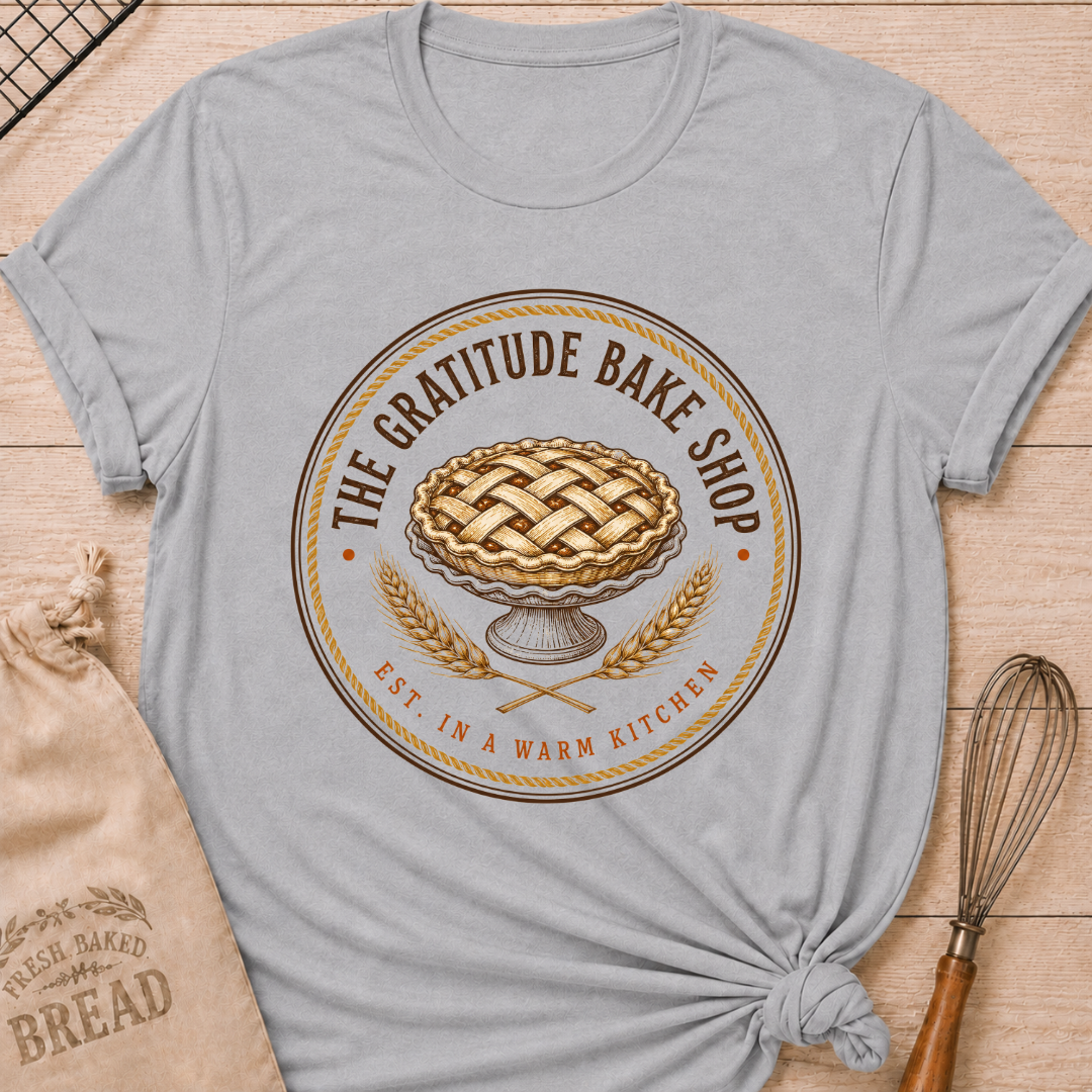 Athletic Heather women's relaxed fit tee with a vintage round bake shop emblem, lattice pie and golden wheat