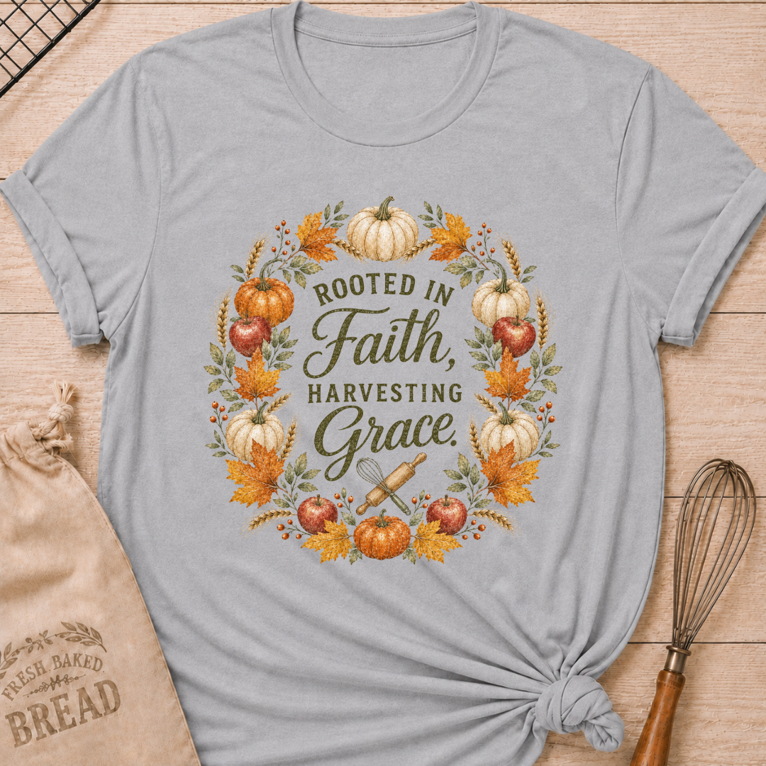 Athletic Heather women's relaxed fit tee with a Rooted in Faith Harvesting Grace wreath of pumpkins, apples, wheat and golden leaves